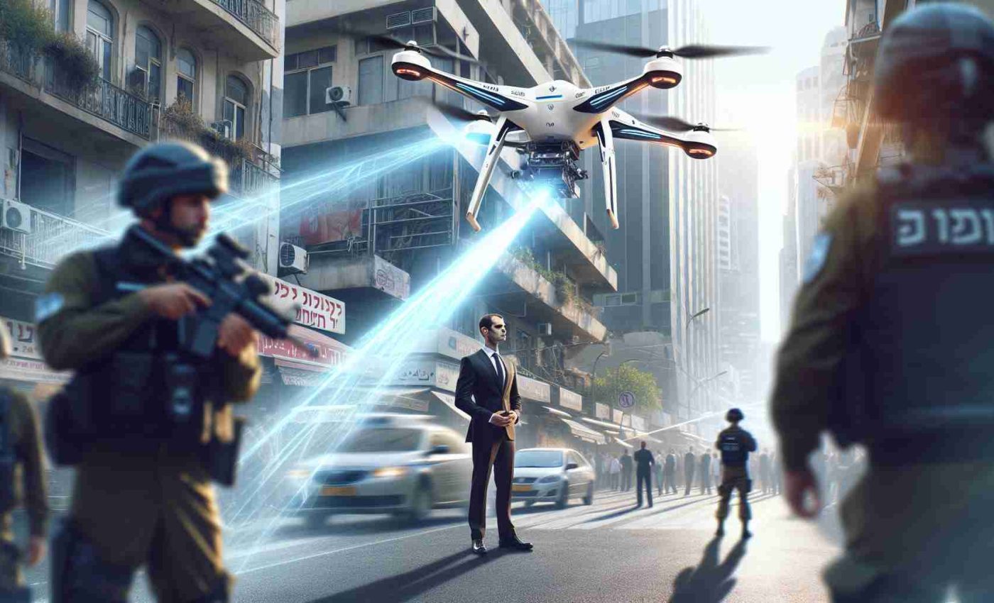 A high-definition image portraying an instance where advanced aerial technology developed in Israel successfully intercepts and neutralizes an incoming drone threat. This technology is protecting an unidentified government representative. The scene takes place in a bustling urban setting with the drone flying at low altitude, while the countermeasure tech flies swiftly towards it, ready to neutralize. The government official, who is of Middle-Eastern descent and of unspecified gender, is in the background, standing near a security detail.