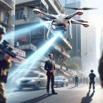 A high-definition image portraying an instance where advanced aerial technology developed in Israel successfully intercepts and neutralizes an incoming drone threat. This technology is protecting an unidentified government representative. The scene takes place in a bustling urban setting with the drone flying at low altitude, while the countermeasure tech flies swiftly towards it, ready to neutralize. The government official, who is of Middle-Eastern descent and of unspecified gender, is in the background, standing near a security detail.