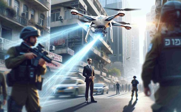 A high-definition image portraying an instance where advanced aerial technology developed in Israel successfully intercepts and neutralizes an incoming drone threat. This technology is protecting an unidentified government representative. The scene takes place in a bustling urban setting with the drone flying at low altitude, while the countermeasure tech flies swiftly towards it, ready to neutralize. The government official, who is of Middle-Eastern descent and of unspecified gender, is in the background, standing near a security detail.