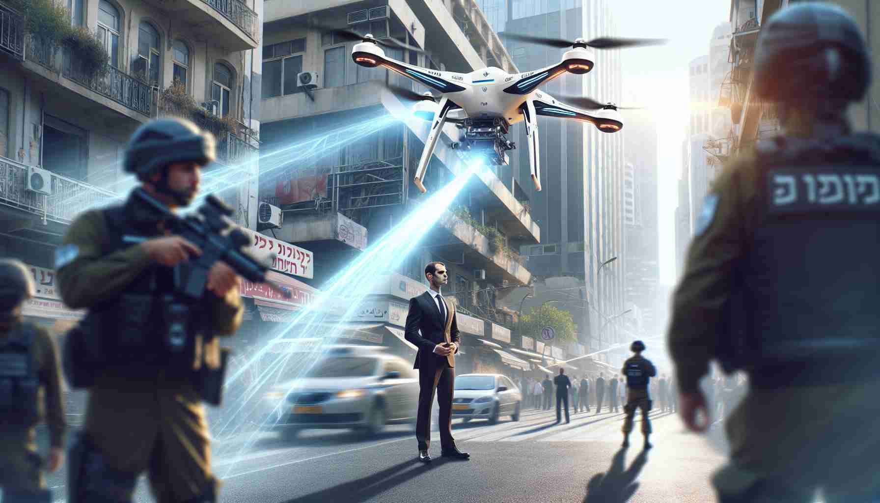 A high-definition image portraying an instance where advanced aerial technology developed in Israel successfully intercepts and neutralizes an incoming drone threat. This technology is protecting an unidentified government representative. The scene takes place in a bustling urban setting with the drone flying at low altitude, while the countermeasure tech flies swiftly towards it, ready to neutralize. The government official, who is of Middle-Eastern descent and of unspecified gender, is in the background, standing near a security detail.