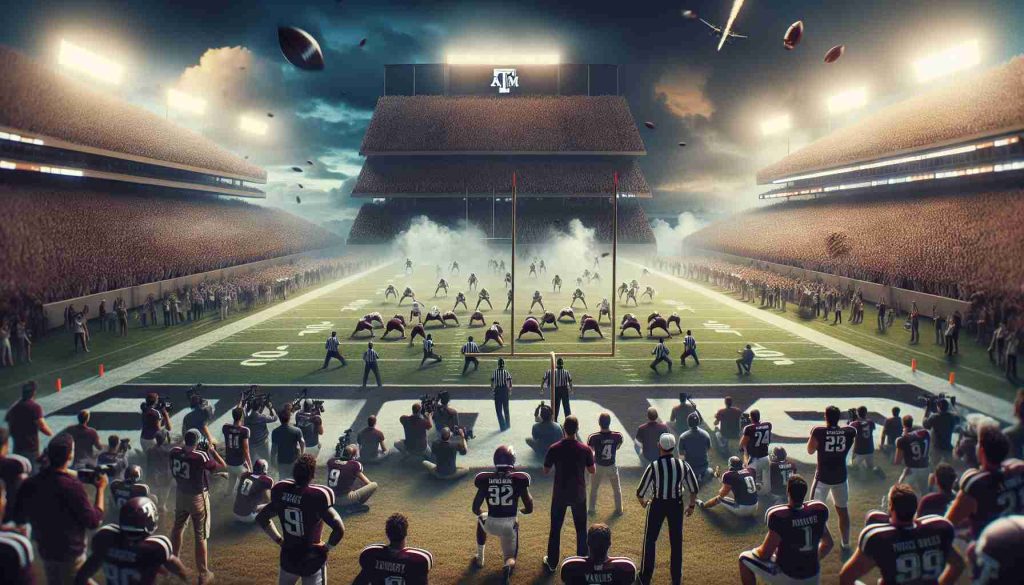 Create a high definition, realistic image that symbolizes the moment when Texas A&M made a game-changing decision that impacted the South Eastern Conference (SEC) landscape. The scene should prominently feature elements representative of college football such as a field, players, a crowd, or a significant play action.