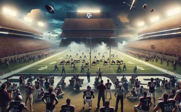 Create a high definition, realistic image that symbolizes the moment when Texas A&M made a game-changing decision that impacted the South Eastern Conference (SEC) landscape. The scene should prominently feature elements representative of college football such as a field, players, a crowd, or a significant play action.