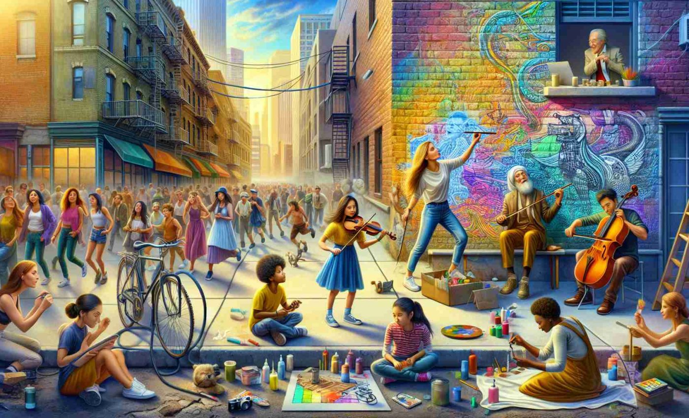 An ultra high definition image depicting the power of creativity in everyday life. It shows a scene where a woman of Caucasian descent is painting a mural on a brick wall in a bustling city street. Meanwhile, a male street performer of Middle-Eastern descent is playing a violin with deftness and passion, attracting a small crowd. A Black man is in the midst of fixing a bicycle with improvised tools. A group of diverse children, a Hispanic girl, a South Asian boy, and a Chinese girl are engaged in a sidewalk chalk art. An elderly White woman tends to her rooftop garden, while a Middle-Eastern woman is seen taking street photographs. This vivid image is a celebration of creativity infused in regular routines.