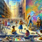 An ultra high definition image depicting the power of creativity in everyday life. It shows a scene where a woman of Caucasian descent is painting a mural on a brick wall in a bustling city street. Meanwhile, a male street performer of Middle-Eastern descent is playing a violin with deftness and passion, attracting a small crowd. A Black man is in the midst of fixing a bicycle with improvised tools. A group of diverse children, a Hispanic girl, a South Asian boy, and a Chinese girl are engaged in a sidewalk chalk art. An elderly White woman tends to her rooftop garden, while a Middle-Eastern woman is seen taking street photographs. This vivid image is a celebration of creativity infused in regular routines.