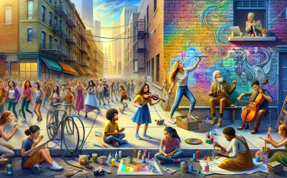 An ultra high definition image depicting the power of creativity in everyday life. It shows a scene where a woman of Caucasian descent is painting a mural on a brick wall in a bustling city street. Meanwhile, a male street performer of Middle-Eastern descent is playing a violin with deftness and passion, attracting a small crowd. A Black man is in the midst of fixing a bicycle with improvised tools. A group of diverse children, a Hispanic girl, a South Asian boy, and a Chinese girl are engaged in a sidewalk chalk art. An elderly White woman tends to her rooftop garden, while a Middle-Eastern woman is seen taking street photographs. This vivid image is a celebration of creativity infused in regular routines.