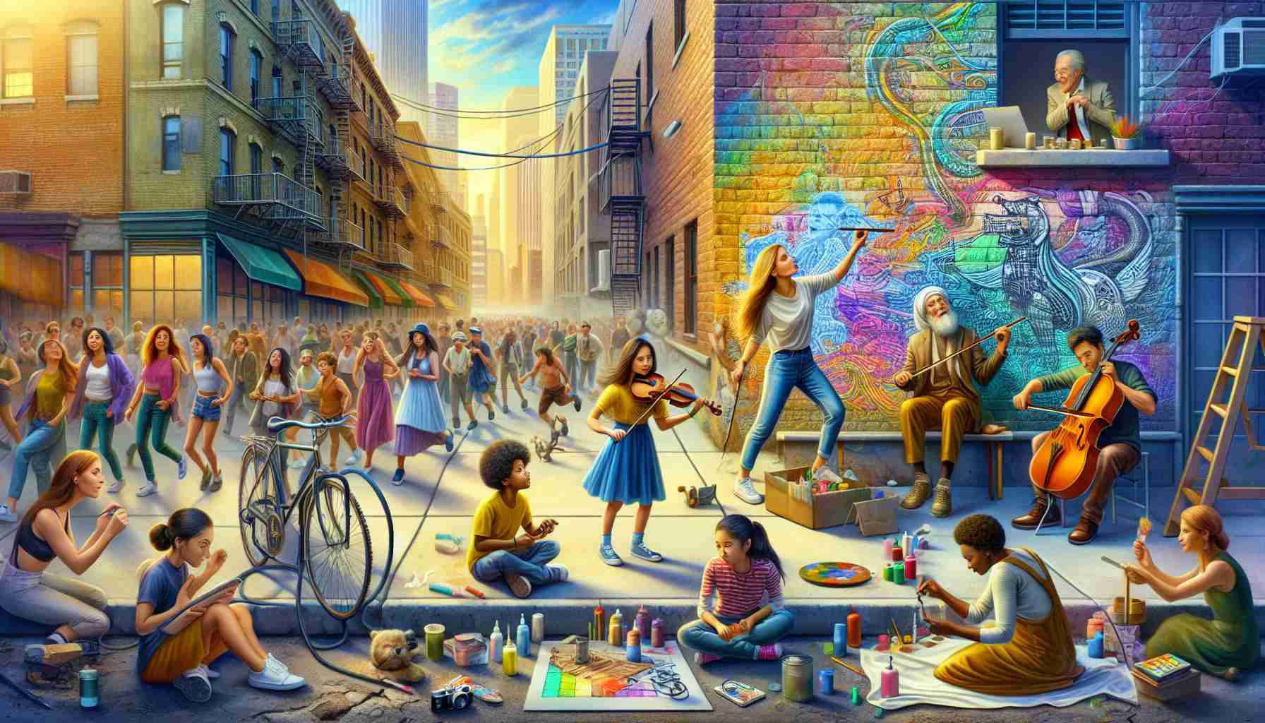 An ultra high definition image depicting the power of creativity in everyday life. It shows a scene where a woman of Caucasian descent is painting a mural on a brick wall in a bustling city street. Meanwhile, a male street performer of Middle-Eastern descent is playing a violin with deftness and passion, attracting a small crowd. A Black man is in the midst of fixing a bicycle with improvised tools. A group of diverse children, a Hispanic girl, a South Asian boy, and a Chinese girl are engaged in a sidewalk chalk art. An elderly White woman tends to her rooftop garden, while a Middle-Eastern woman is seen taking street photographs. This vivid image is a celebration of creativity infused in regular routines.