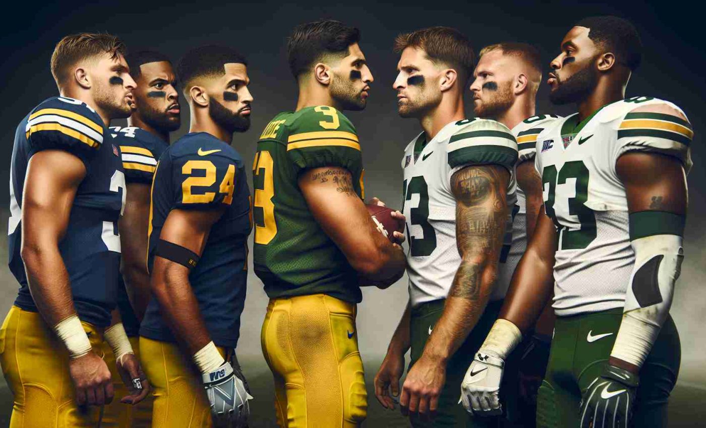 Realistic HD photo of a post-game disagreement between players of two rival college American football teams, without showcasing any specific individuals or making reference to any particular event, with the teams identifiable by the colors of their uniforms: one in maize and blue, and the other in green and white.