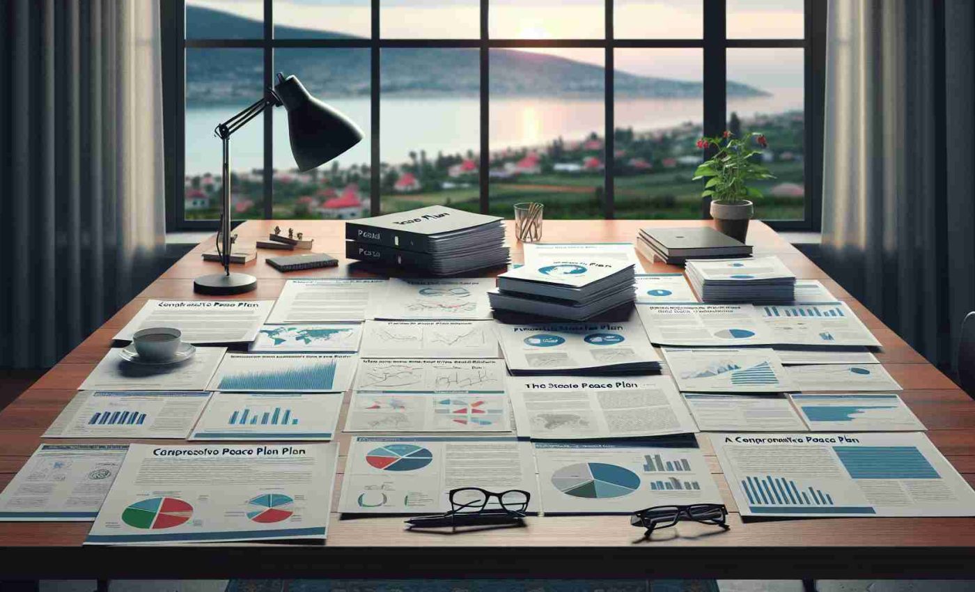 A realistic, high-definition image representing a comprehensive peace plan for Gaza. A series of documents spread on a table showing different proposals, charts, graphs, and in-depth analysis. The table could be placed in a room with a scenic view as backdrop. Perhaps a lamp is nearby, providing soft lighting. While no people are visible, signs of human presence such as a cup of coffee or glasses on the documents can be added.