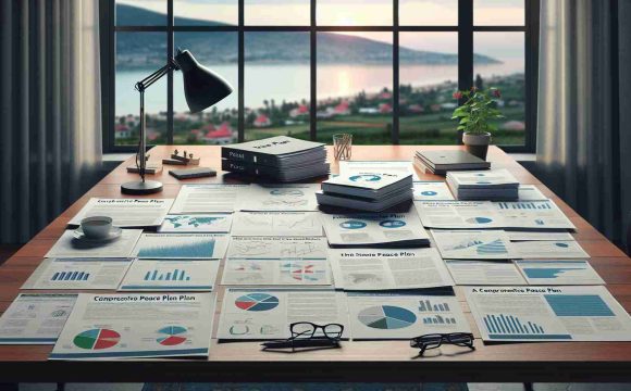 A realistic, high-definition image representing a comprehensive peace plan for Gaza. A series of documents spread on a table showing different proposals, charts, graphs, and in-depth analysis. The table could be placed in a room with a scenic view as backdrop. Perhaps a lamp is nearby, providing soft lighting. While no people are visible, signs of human presence such as a cup of coffee or glasses on the documents can be added.