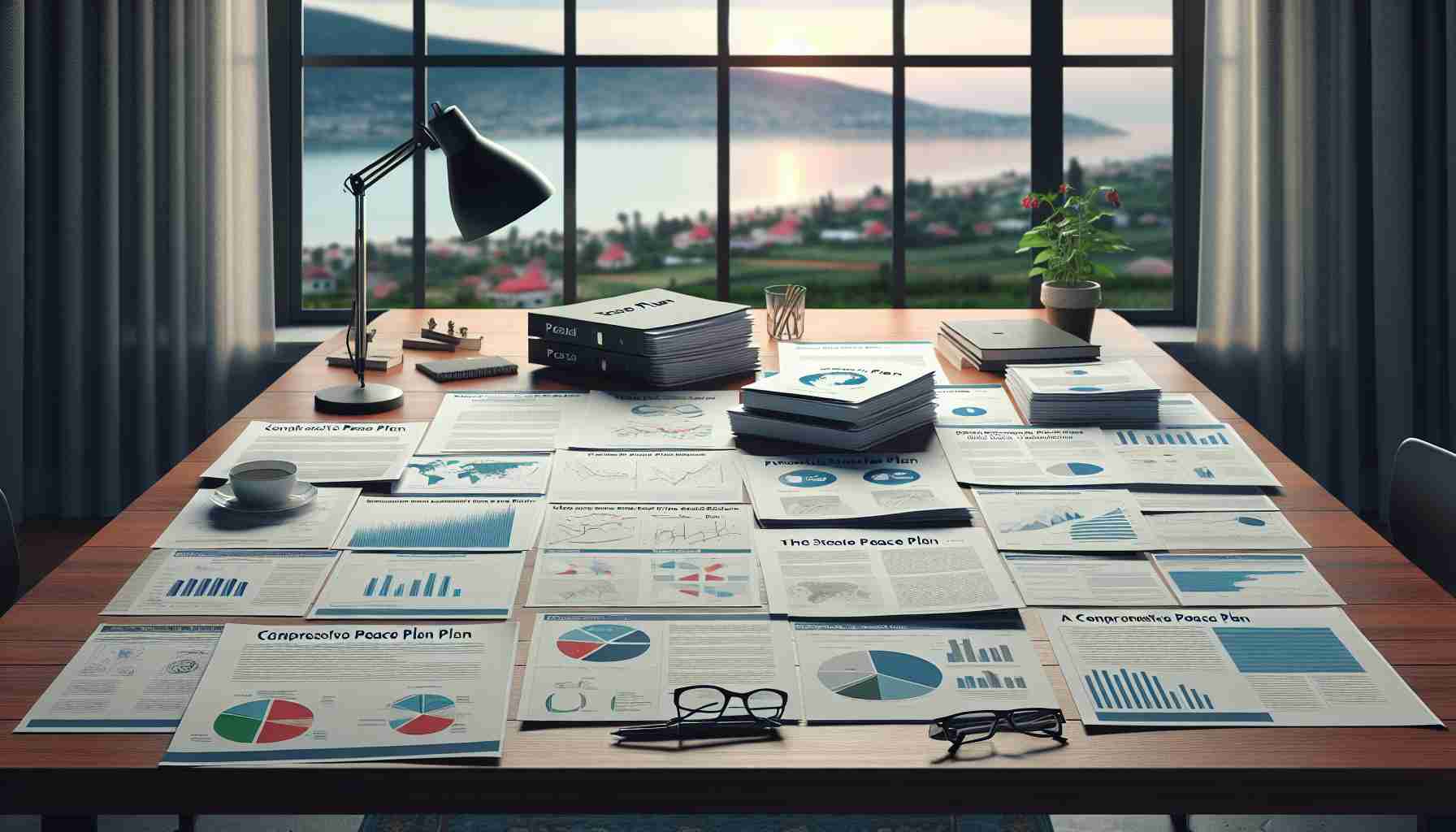 A realistic, high-definition image representing a comprehensive peace plan for Gaza. A series of documents spread on a table showing different proposals, charts, graphs, and in-depth analysis. The table could be placed in a room with a scenic view as backdrop. Perhaps a lamp is nearby, providing soft lighting. While no people are visible, signs of human presence such as a cup of coffee or glasses on the documents can be added.