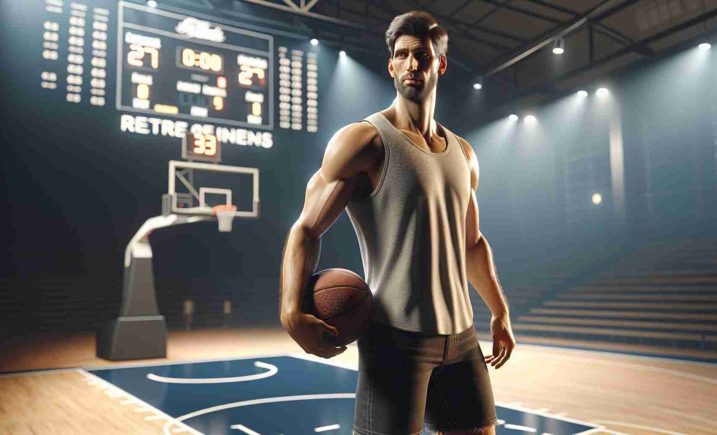 A realistic HD image of a tall, athletic man in his mid-thirties, with a muscular build. He is dressed in a casual outfit, standing in a well-lit basketball court with a basketball under his arm. The atmosphere is peaceful and reflective, as he looks into the distance, apparently contemplating the end of his long and successful professional basketball career. A big digital scoreboard in the background displays a message signifying the end of a legendary journey, capturing the sentiment of retiring from the NBA.