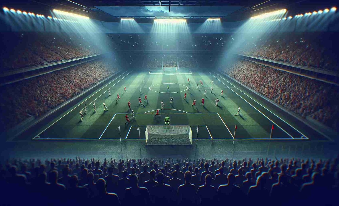 Create a highly detailed and realistic representation of a pivotal soccer match. Visualize a surprising strategy enacted by the underdogs (depicted in red and white) against a dominant and prestigious team (depicted in navy and red). Render an atmosphere of suspense, with a specific focus on an unexpected or risky pitch that could potentially change the course of the game. Showcase the stadium full of excited fans and the anticipation hanging in the air.