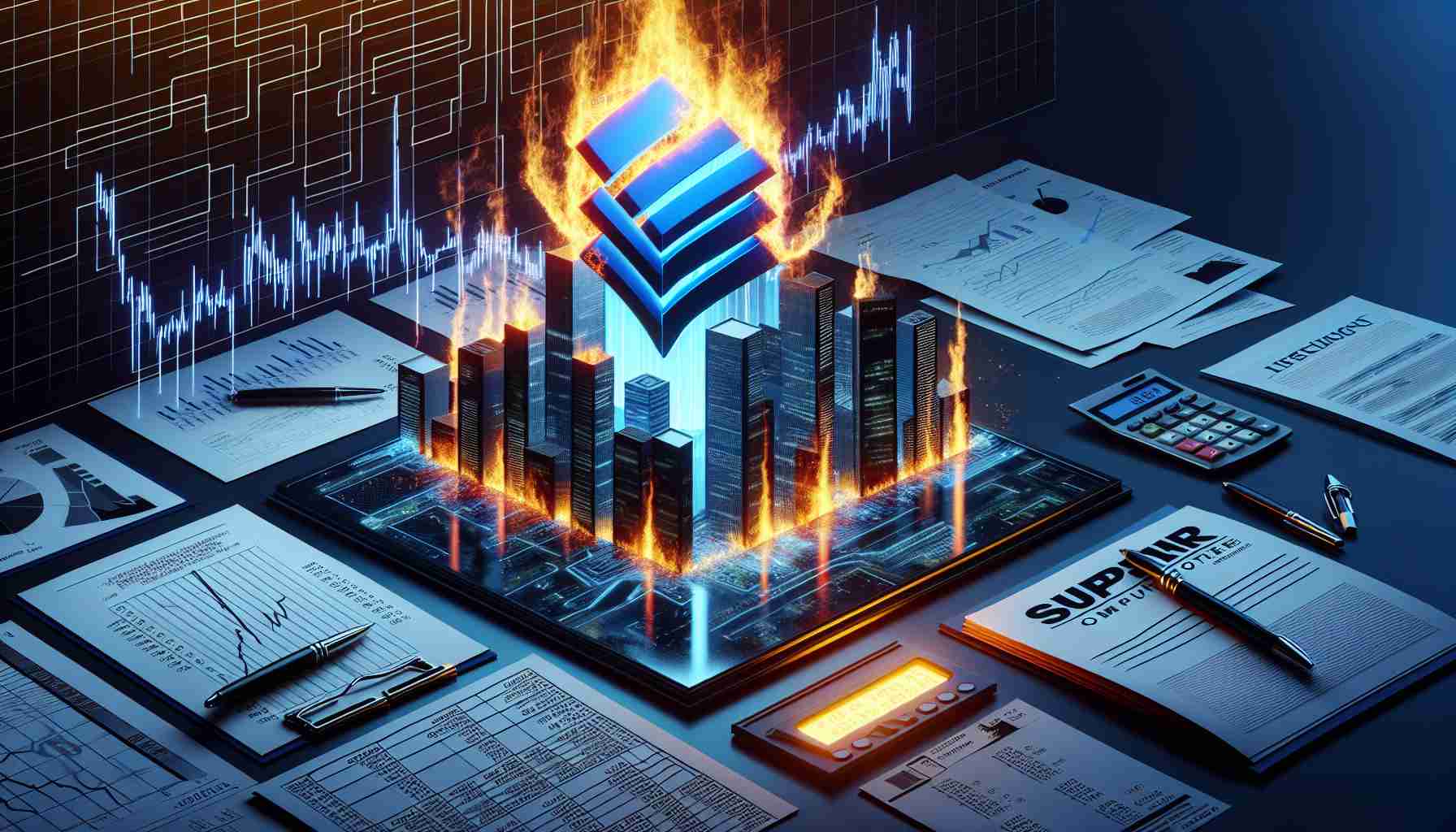 A hyper-realistic synthetic HD image reflecting the metaphorical representation of an accounting scandal impacting a tech company named Super Micro Computer causing their stock to plummet significantly. The main focus should be on symbolism such as financial graphs displaying a sharp decline, documents bearing signs of fraud or manipulation, and a company logo of a non-specific tech company in distress, without including any real company's logo or identifiable information.