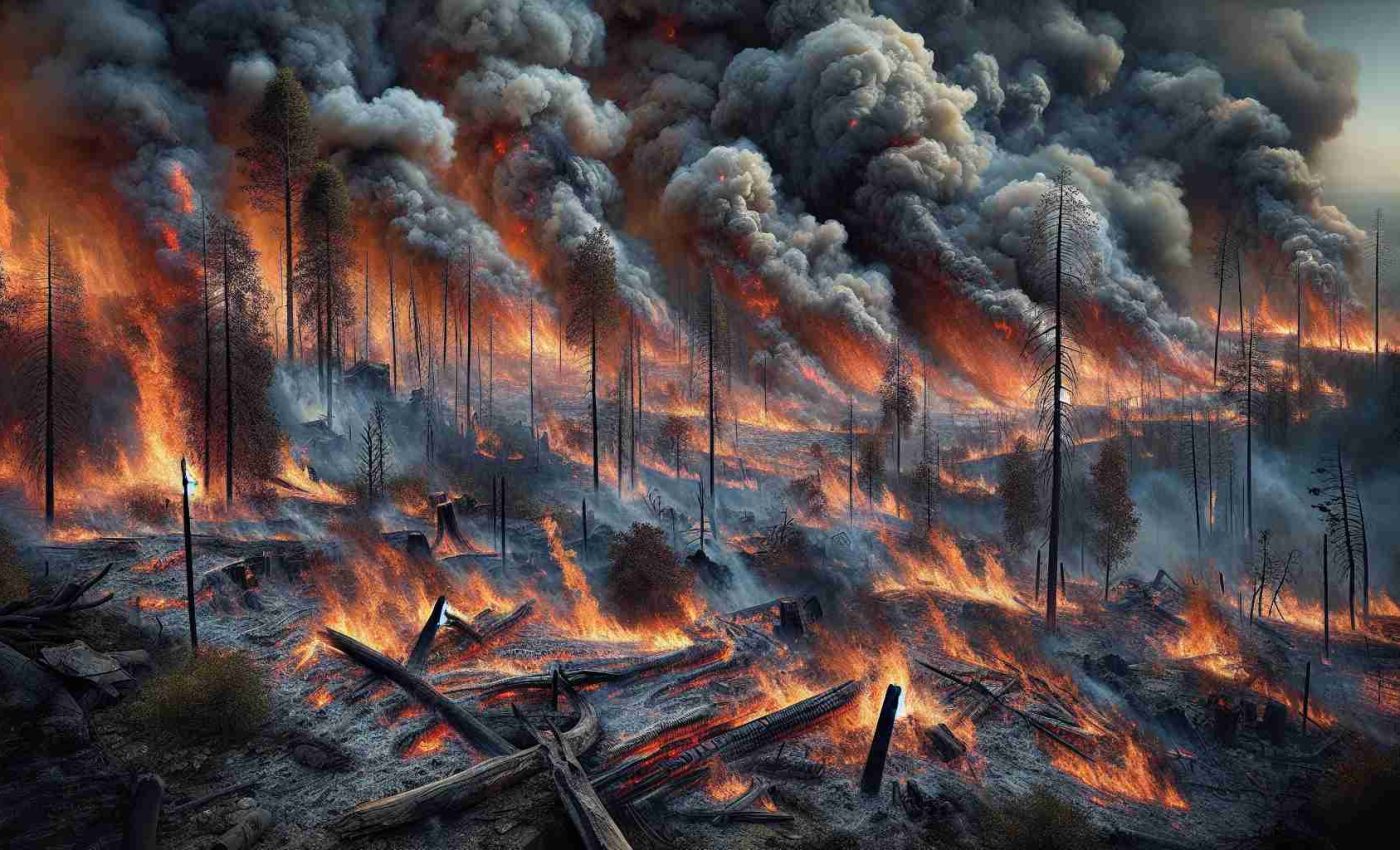 An ultra high-definition, detailed and realistic depiction of a catastrophic scene in Massachusetts, where fierce brush fires rage relentlessly across its landscapes. This calamity engulfs the weekend with high flames, dark smoke plumes rising towards the sky, and a backdrop of destruction. Charred tree trunks, blackened ground and remnants of burned-out structures mark the intensity of the disaster. The full extent of the devastation is made apparent by the grand scale fire that spreads far as the eye can see.