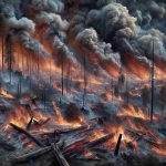 An ultra high-definition, detailed and realistic depiction of a catastrophic scene in Massachusetts, where fierce brush fires rage relentlessly across its landscapes. This calamity engulfs the weekend with high flames, dark smoke plumes rising towards the sky, and a backdrop of destruction. Charred tree trunks, blackened ground and remnants of burned-out structures mark the intensity of the disaster. The full extent of the devastation is made apparent by the grand scale fire that spreads far as the eye can see.