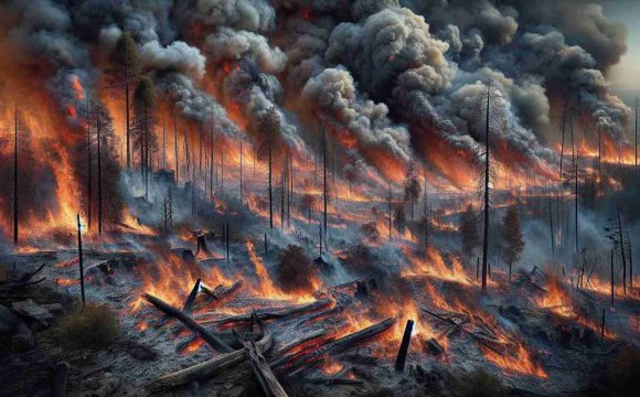 An ultra high-definition, detailed and realistic depiction of a catastrophic scene in Massachusetts, where fierce brush fires rage relentlessly across its landscapes. This calamity engulfs the weekend with high flames, dark smoke plumes rising towards the sky, and a backdrop of destruction. Charred tree trunks, blackened ground and remnants of burned-out structures mark the intensity of the disaster. The full extent of the devastation is made apparent by the grand scale fire that spreads far as the eye can see.