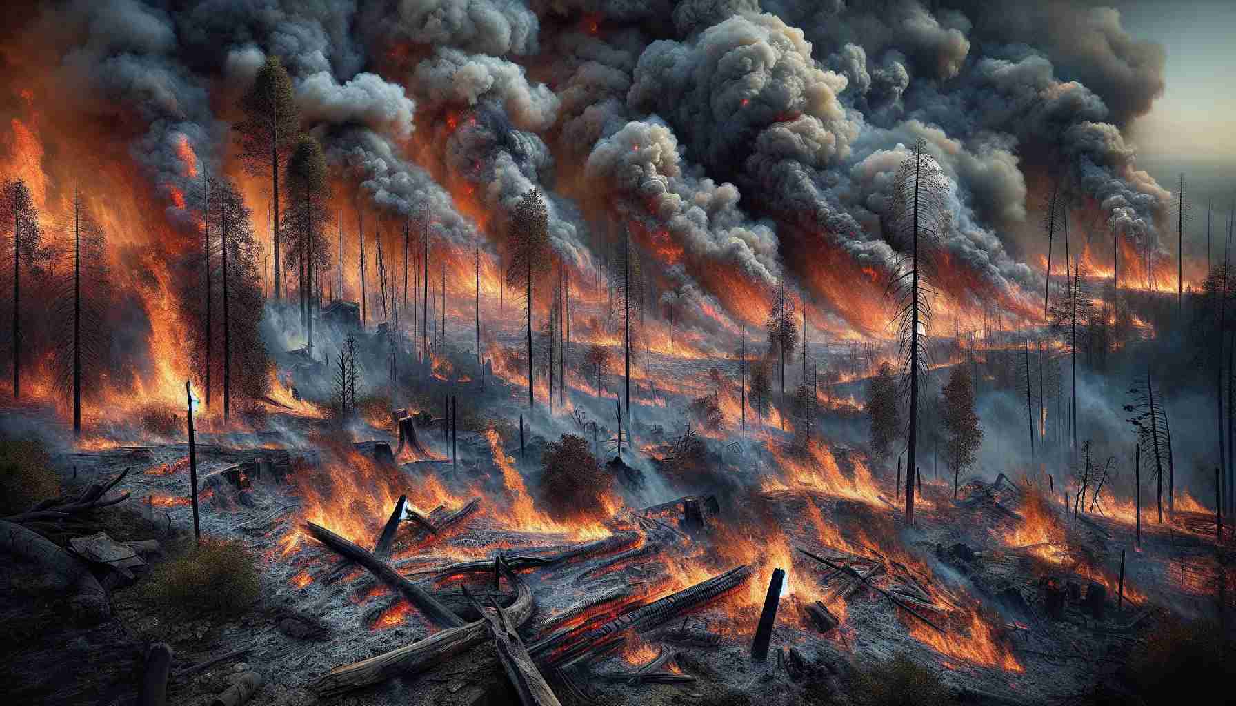 An ultra high-definition, detailed and realistic depiction of a catastrophic scene in Massachusetts, where fierce brush fires rage relentlessly across its landscapes. This calamity engulfs the weekend with high flames, dark smoke plumes rising towards the sky, and a backdrop of destruction. Charred tree trunks, blackened ground and remnants of burned-out structures mark the intensity of the disaster. The full extent of the devastation is made apparent by the grand scale fire that spreads far as the eye can see.