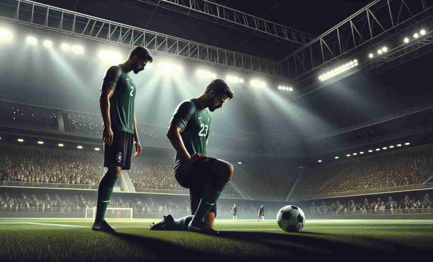 A high-definition, realistic image of a poignant soccer scene in Riyadh. A world-class football player, possessing a similar physique and skills as an established Portuguese athlete, feels his final opportunity slipping away. He stands on the pitch, his posture reflecting sadness and defeat as he stares down at the ball. Stadium lights cast dramatic shadows while the crowd reacts in anticipation and sympathy.