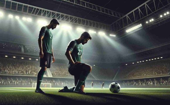 A high-definition, realistic image of a poignant soccer scene in Riyadh. A world-class football player, possessing a similar physique and skills as an established Portuguese athlete, feels his final opportunity slipping away. He stands on the pitch, his posture reflecting sadness and defeat as he stares down at the ball. Stadium lights cast dramatic shadows while the crowd reacts in anticipation and sympathy.