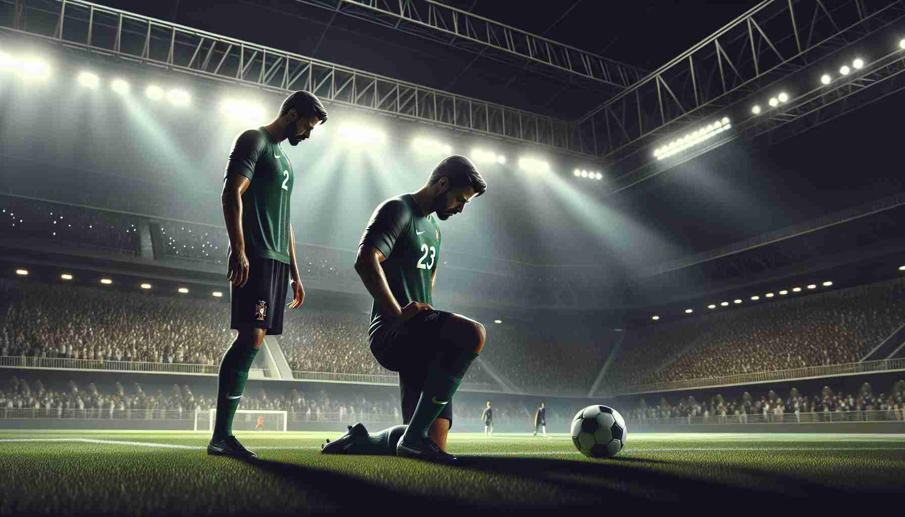 A high-definition, realistic image of a poignant soccer scene in Riyadh. A world-class football player, possessing a similar physique and skills as an established Portuguese athlete, feels his final opportunity slipping away. He stands on the pitch, his posture reflecting sadness and defeat as he stares down at the ball. Stadium lights cast dramatic shadows while the crowd reacts in anticipation and sympathy.