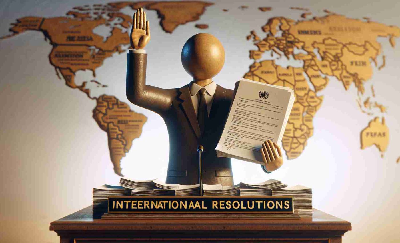 A realistic high-definition image representing a metaphorical depiction of a given country (which we will avoid specifying to sidestep any potential political implications) vowing to uphold international resolutions. This could be represented by a country's symbolic figure, perhaps clutching a stack of papers titled 'International Resolutions' and raising their other hand as if taking an oath, set against a backdrop of a world map, symbols of peace and unity. The scene should be dignified, solemn, and elicit the sense of responsibility and promise.