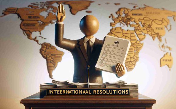 A realistic high-definition image representing a metaphorical depiction of a given country (which we will avoid specifying to sidestep any potential political implications) vowing to uphold international resolutions. This could be represented by a country's symbolic figure, perhaps clutching a stack of papers titled 'International Resolutions' and raising their other hand as if taking an oath, set against a backdrop of a world map, symbols of peace and unity. The scene should be dignified, solemn, and elicit the sense of responsibility and promise.