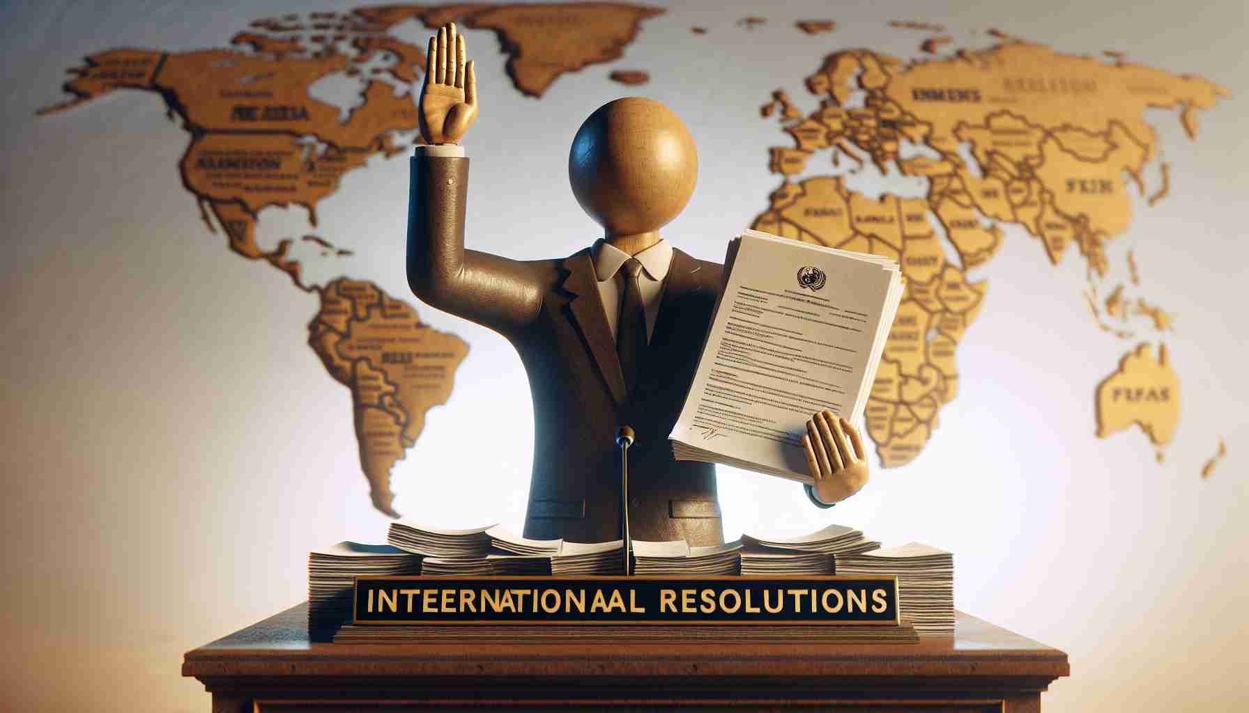 A realistic high-definition image representing a metaphorical depiction of a given country (which we will avoid specifying to sidestep any potential political implications) vowing to uphold international resolutions. This could be represented by a country's symbolic figure, perhaps clutching a stack of papers titled 'International Resolutions' and raising their other hand as if taking an oath, set against a backdrop of a world map, symbols of peace and unity. The scene should be dignified, solemn, and elicit the sense of responsibility and promise.