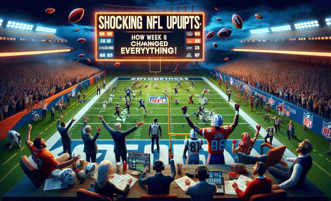 Generate a realistic high-definition image illustrating a dramatic change in NFL Week 8. The scene includes a football field with scoreboard displaying surprising results, players in various states of joy and disappointment, fans cheering or sighing in disbelief, and commentators expressing their astonishment. The theme is 'Shocking NFL Upsets: How Week 8 Changed Everything!'