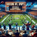 Generate a realistic high-definition image illustrating a dramatic change in NFL Week 8. The scene includes a football field with scoreboard displaying surprising results, players in various states of joy and disappointment, fans cheering or sighing in disbelief, and commentators expressing their astonishment. The theme is 'Shocking NFL Upsets: How Week 8 Changed Everything!'