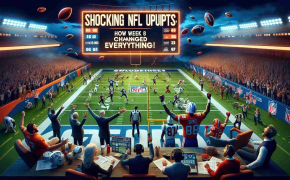 Generate a realistic high-definition image illustrating a dramatic change in NFL Week 8. The scene includes a football field with scoreboard displaying surprising results, players in various states of joy and disappointment, fans cheering or sighing in disbelief, and commentators expressing their astonishment. The theme is 'Shocking NFL Upsets: How Week 8 Changed Everything!'