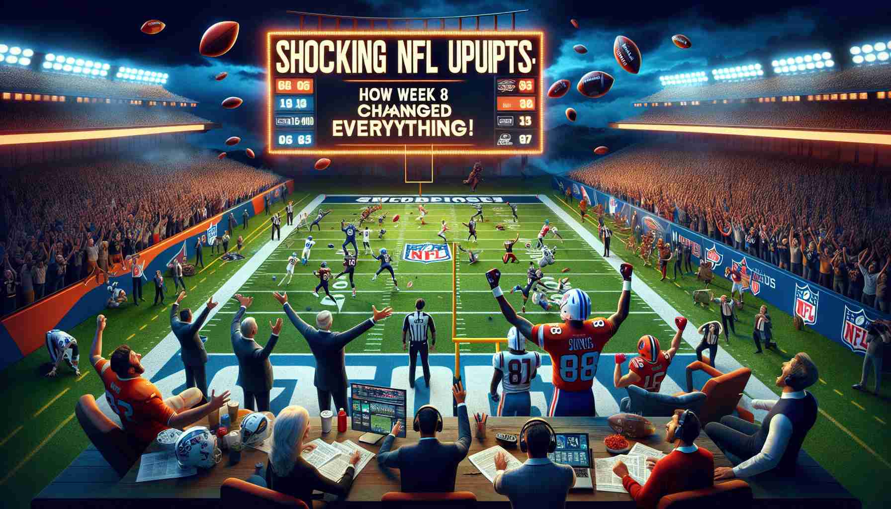 Generate a realistic high-definition image illustrating a dramatic change in NFL Week 8. The scene includes a football field with scoreboard displaying surprising results, players in various states of joy and disappointment, fans cheering or sighing in disbelief, and commentators expressing their astonishment. The theme is 'Shocking NFL Upsets: How Week 8 Changed Everything!'