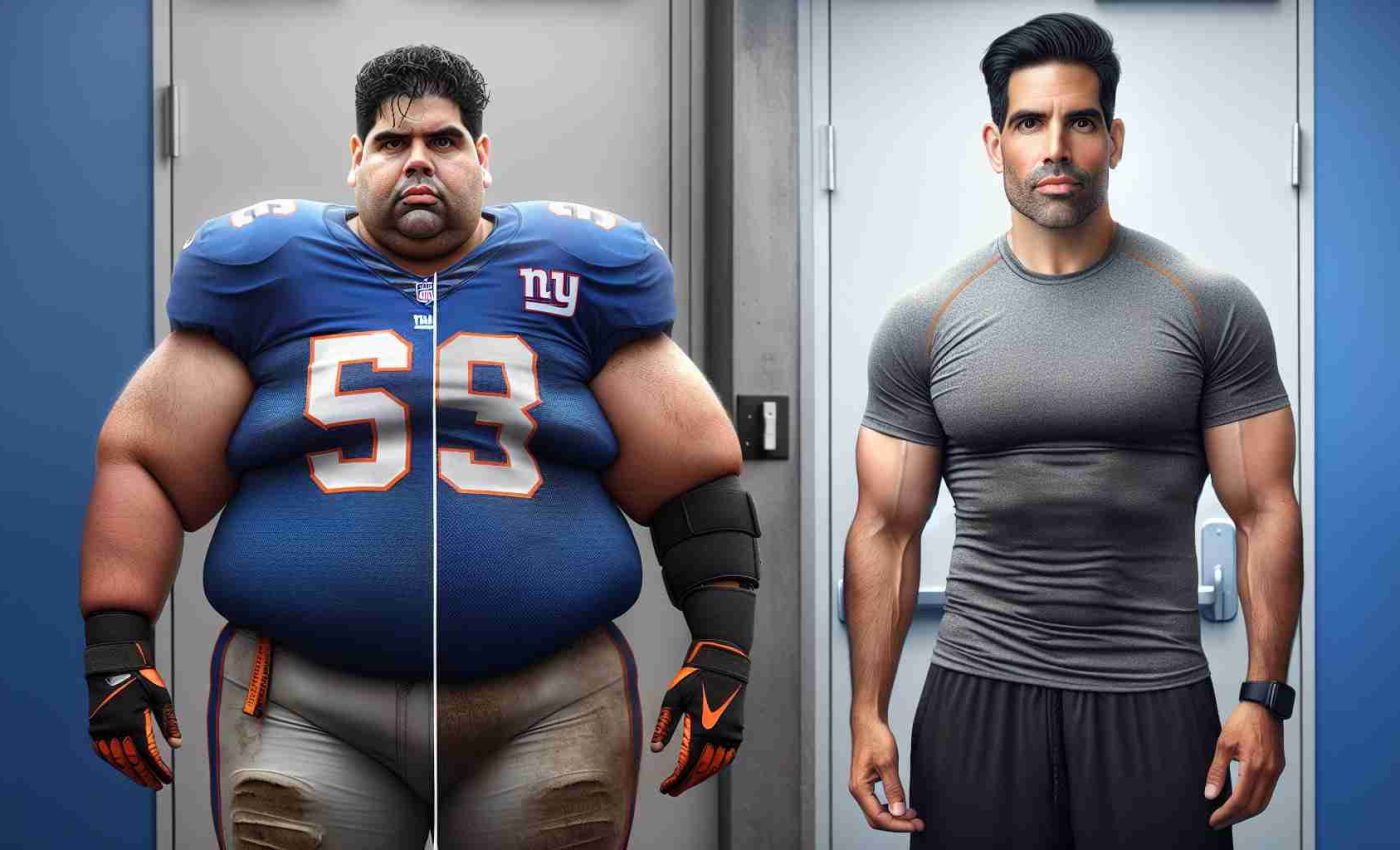 Generate a realistic high definition image of a transformation comparison for a sports coach. The image should display two lateral sections: on the left, depict the coach, a Hispanic man in his late 40s, with a burly physique and slightly receding black hair, wearing the uniform of a giants-themed football team; on the right, show the same individual sporting a drastically slimmer physique after an impressive weight-loss journey, wearing casual workout attire.