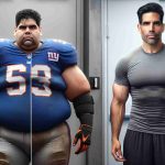 Generate a realistic high definition image of a transformation comparison for a sports coach. The image should display two lateral sections: on the left, depict the coach, a Hispanic man in his late 40s, with a burly physique and slightly receding black hair, wearing the uniform of a giants-themed football team; on the right, show the same individual sporting a drastically slimmer physique after an impressive weight-loss journey, wearing casual workout attire.