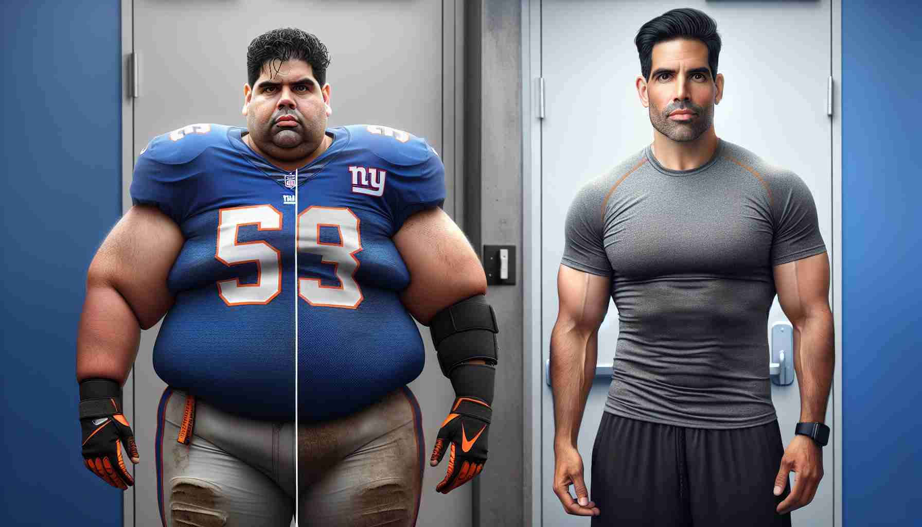 Generate a realistic high definition image of a transformation comparison for a sports coach. The image should display two lateral sections: on the left, depict the coach, a Hispanic man in his late 40s, with a burly physique and slightly receding black hair, wearing the uniform of a giants-themed football team; on the right, show the same individual sporting a drastically slimmer physique after an impressive weight-loss journey, wearing casual workout attire.