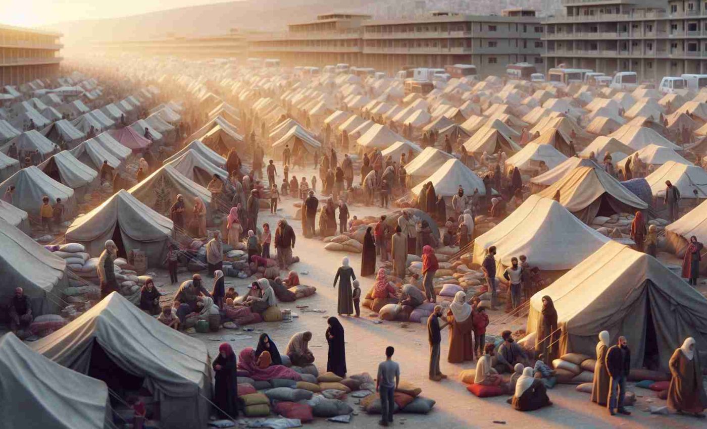 Realistic, high-quality image showcasing a humanitarian crisis scenario in Lebanon. This could include numerous makeshift tents in a temporary settlement, where a diverse mix of individuals, including Middle Eastern women, children and elderly, anxiously await aid. Use neutral but vivid hues to capture the dire circumstances, while also radiating hope through the resilience and unity of the people congregating under the daunting circumstances. Show some humanitarian workers in the scene displaying efforts to provide help. Depict an overall scene of urgency but retain human dignity and resilience in the face of adversity.