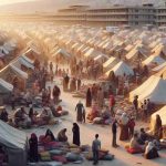 Realistic, high-quality image showcasing a humanitarian crisis scenario in Lebanon. This could include numerous makeshift tents in a temporary settlement, where a diverse mix of individuals, including Middle Eastern women, children and elderly, anxiously await aid. Use neutral but vivid hues to capture the dire circumstances, while also radiating hope through the resilience and unity of the people congregating under the daunting circumstances. Show some humanitarian workers in the scene displaying efforts to provide help. Depict an overall scene of urgency but retain human dignity and resilience in the face of adversity.