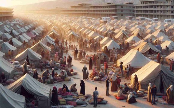 Realistic, high-quality image showcasing a humanitarian crisis scenario in Lebanon. This could include numerous makeshift tents in a temporary settlement, where a diverse mix of individuals, including Middle Eastern women, children and elderly, anxiously await aid. Use neutral but vivid hues to capture the dire circumstances, while also radiating hope through the resilience and unity of the people congregating under the daunting circumstances. Show some humanitarian workers in the scene displaying efforts to provide help. Depict an overall scene of urgency but retain human dignity and resilience in the face of adversity.