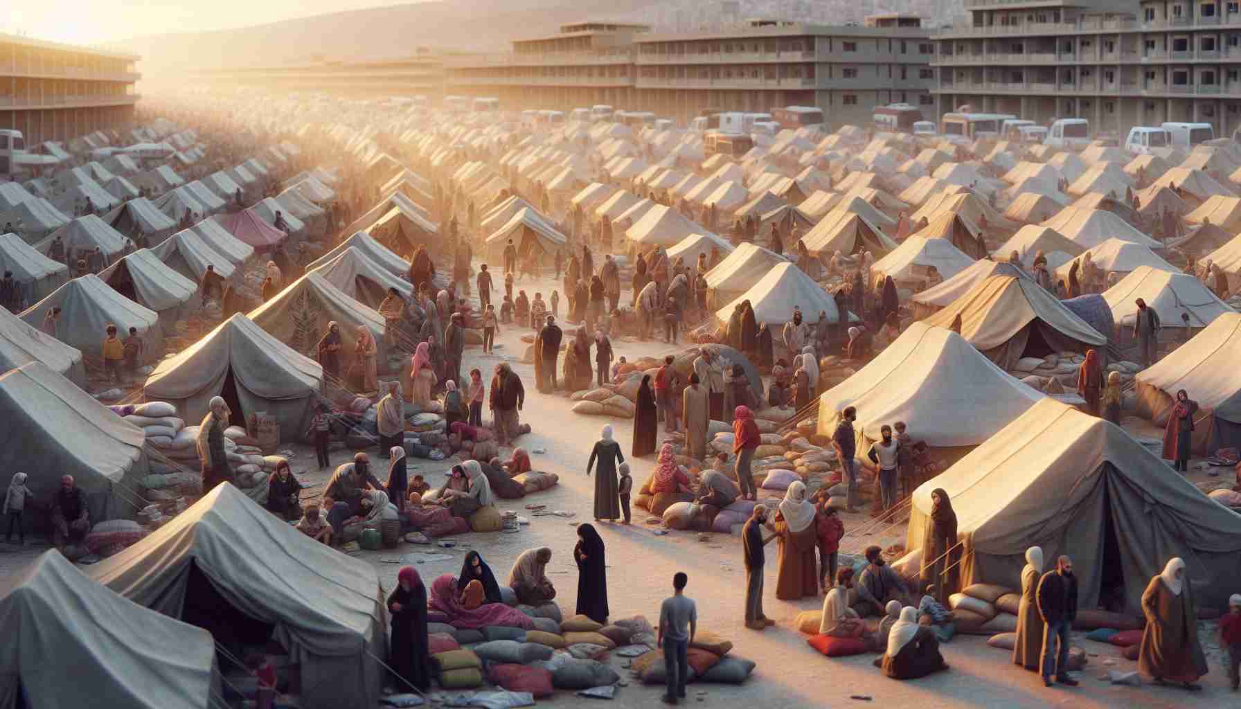 Realistic, high-quality image showcasing a humanitarian crisis scenario in Lebanon. This could include numerous makeshift tents in a temporary settlement, where a diverse mix of individuals, including Middle Eastern women, children and elderly, anxiously await aid. Use neutral but vivid hues to capture the dire circumstances, while also radiating hope through the resilience and unity of the people congregating under the daunting circumstances. Show some humanitarian workers in the scene displaying efforts to provide help. Depict an overall scene of urgency but retain human dignity and resilience in the face of adversity.