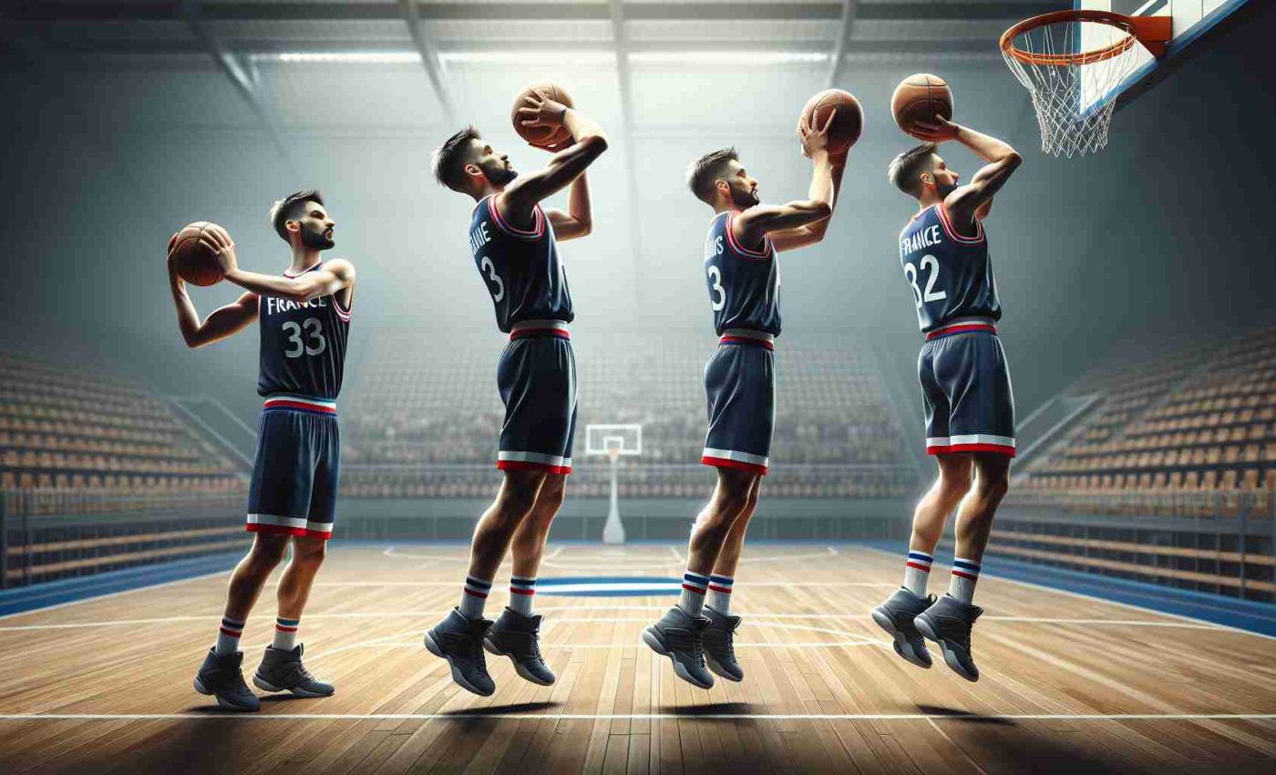 High-definition, realistic image of three beginner basketball players from France showing their progressive improvements and hurdles in their journey of attaining proficiency in basketball. One is doing a slam dunk, the second is practicing his dribbling, and the third is perfecting his three-point shot. They should be wearing uniform, with the number and name removed, with a large arena in the background.