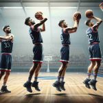 High-definition, realistic image of three beginner basketball players from France showing their progressive improvements and hurdles in their journey of attaining proficiency in basketball. One is doing a slam dunk, the second is practicing his dribbling, and the third is perfecting his three-point shot. They should be wearing uniform, with the number and name removed, with a large arena in the background.