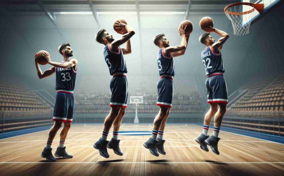 High-definition, realistic image of three beginner basketball players from France showing their progressive improvements and hurdles in their journey of attaining proficiency in basketball. One is doing a slam dunk, the second is practicing his dribbling, and the third is perfecting his three-point shot. They should be wearing uniform, with the number and name removed, with a large arena in the background.