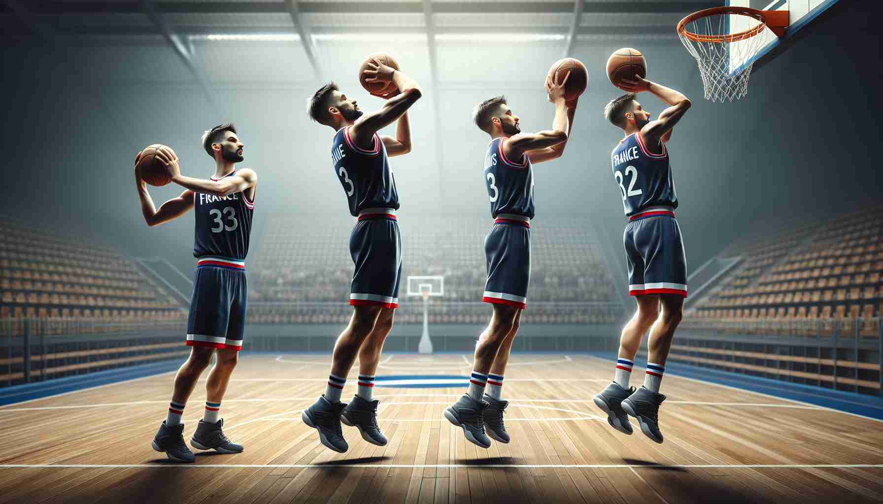 High-definition, realistic image of three beginner basketball players from France showing their progressive improvements and hurdles in their journey of attaining proficiency in basketball. One is doing a slam dunk, the second is practicing his dribbling, and the third is perfecting his three-point shot. They should be wearing uniform, with the number and name removed, with a large arena in the background.