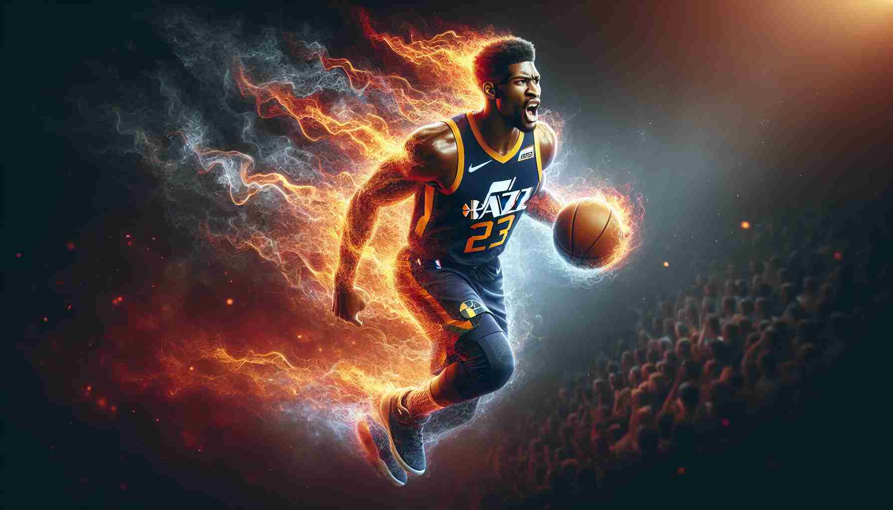 High-definition realistic image depicting a concept of a major trade occurrence in an NBA team such as the Utah Jazz. The energy of speculation and anticipation should be present, represented by heat signatures or visual metaphors of rising temperature. Please exclude specific player likenesses or jerseys with names.