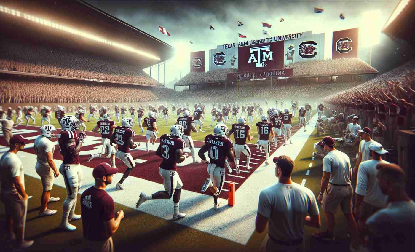 A realistic high-definition image of Texas A&M University's football team preparing for a match against South Carolina's team, with the atmosphere filled with anticipation and excitement. The players are seen engaged in vigorous training routines, while the coaches strategize their game plan on the sidelines. The aura of their recent victory against Louisiana State University is still palpable, influencing their confidence on and off the field. A variety of banners and insignias subtly represent the two universities, Texas A&M and South Carolina, while maintaining a sportsmanlike atmosphere.