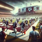 A realistic high-definition image of Texas A&M University's football team preparing for a match against South Carolina's team, with the atmosphere filled with anticipation and excitement. The players are seen engaged in vigorous training routines, while the coaches strategize their game plan on the sidelines. The aura of their recent victory against Louisiana State University is still palpable, influencing their confidence on and off the field. A variety of banners and insignias subtly represent the two universities, Texas A&M and South Carolina, while maintaining a sportsmanlike atmosphere.