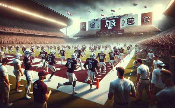 A realistic high-definition image of Texas A&M University's football team preparing for a match against South Carolina's team, with the atmosphere filled with anticipation and excitement. The players are seen engaged in vigorous training routines, while the coaches strategize their game plan on the sidelines. The aura of their recent victory against Louisiana State University is still palpable, influencing their confidence on and off the field. A variety of banners and insignias subtly represent the two universities, Texas A&M and South Carolina, while maintaining a sportsmanlike atmosphere.