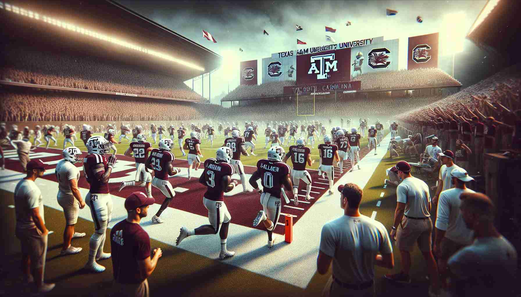 A realistic high-definition image of Texas A&M University's football team preparing for a match against South Carolina's team, with the atmosphere filled with anticipation and excitement. The players are seen engaged in vigorous training routines, while the coaches strategize their game plan on the sidelines. The aura of their recent victory against Louisiana State University is still palpable, influencing their confidence on and off the field. A variety of banners and insignias subtly represent the two universities, Texas A&M and South Carolina, while maintaining a sportsmanlike atmosphere.