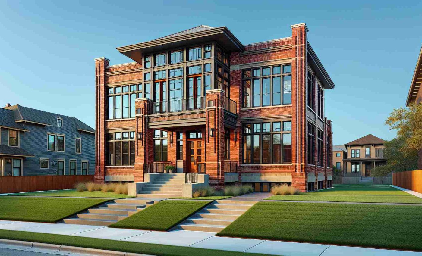 Generate a high-definition image of an urban house that blends traditional architecture with modern design elements. This house is located in Kansas City, featuring structured red-brick walls typical of old buildings and large glass windows symbolizing a contemporary touch. It has a front lawn with trimmed grass and a pathway leading to a dark wooden main door. The overall architectural style reflects a harmonious fusion of both past and present.