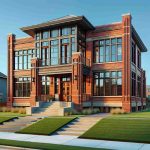 Generate a high-definition image of an urban house that blends traditional architecture with modern design elements. This house is located in Kansas City, featuring structured red-brick walls typical of old buildings and large glass windows symbolizing a contemporary touch. It has a front lawn with trimmed grass and a pathway leading to a dark wooden main door. The overall architectural style reflects a harmonious fusion of both past and present.