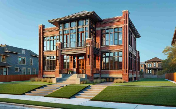 Generate a high-definition image of an urban house that blends traditional architecture with modern design elements. This house is located in Kansas City, featuring structured red-brick walls typical of old buildings and large glass windows symbolizing a contemporary touch. It has a front lawn with trimmed grass and a pathway leading to a dark wooden main door. The overall architectural style reflects a harmonious fusion of both past and present.